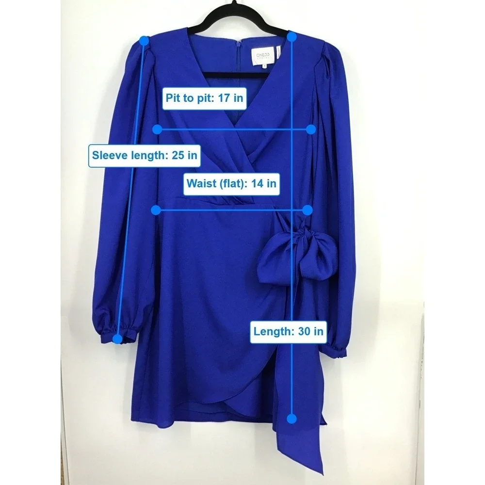 ONE33 Social Royal‎ Cobalt Blue Faux Wrap Dress Bow Tie Waist Long Sleeve Size 8 - Picture 7 of 9